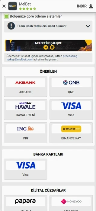 Bölgeye göre ödeme ve destek kanalları ekranı