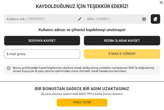 Melbet kayıt başarı ekranı — bonusa bir adım